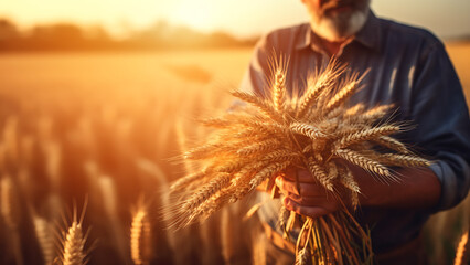 Farmer Holding a Bushel of Wheat at Harvest, Digital Render 