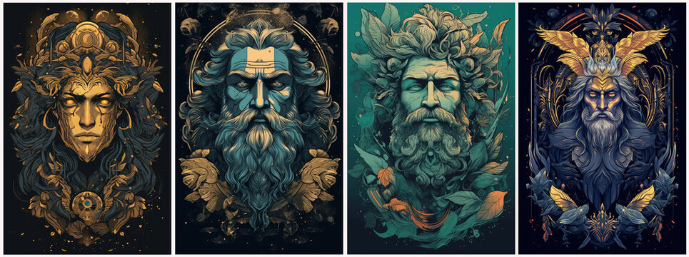 Ancient Greek mythological god prometheus set. Impressive, colorful and contemporary. Built with Generative AI technology.