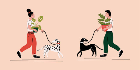 People cartoon characters walking with dogs and plants in pots set of illustrations. Woman, girl, female walking with dog and home plant vector design concept. Man, guy, male flat hand-drawn art