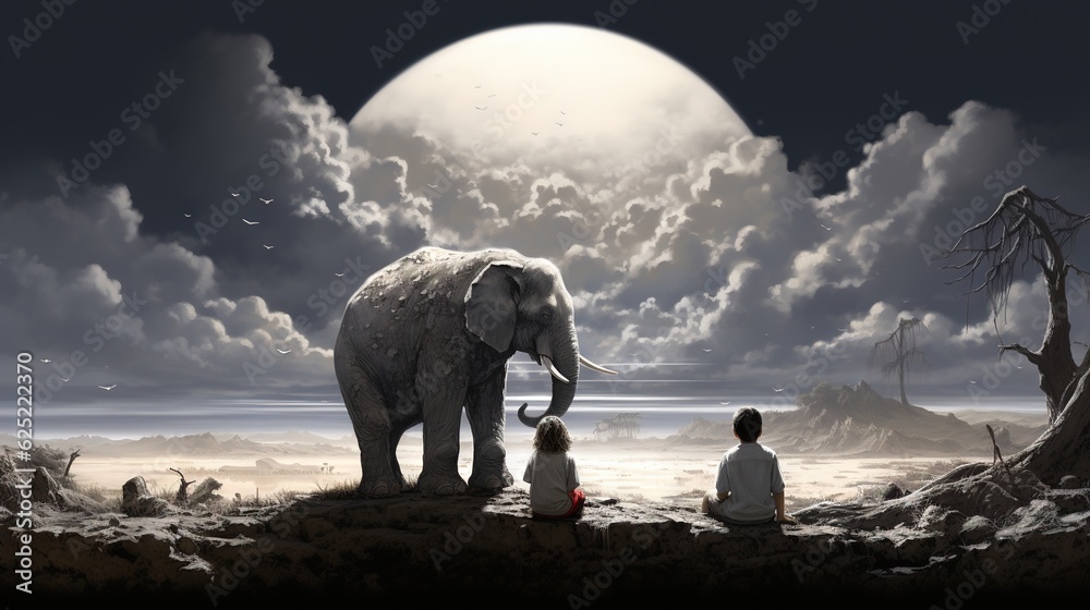 Canvas Prints  a man and a woman are standing in front of an elephant.  generative ai