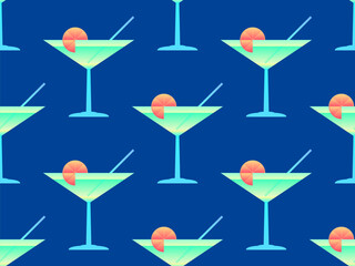 Seamless pattern with a cone glass for vermouth. Alcoholic cocktail with a straw and a slice of orange. Gradient colors. Design for bar menus, advertising materials and banners. Vector illustration