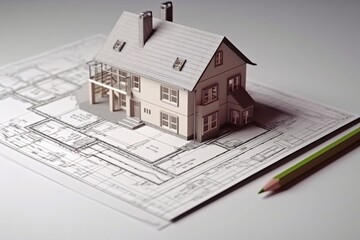 House model with blueprints on desk. Real estate development concept. Generative AI technology.
