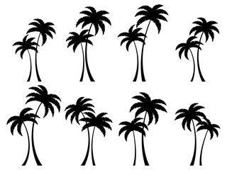 Black palm trees set isolated on white background. Silhouettes of palm trees with curved trunks. Design of palm trees for posters, banners and promotional items. Vector illustration