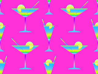 Seamless pattern with gradient cocktails with straws. Cone glass for vermouth with a straw and a slice of lemon in the style of the 80s. Design of wallpaper and banner. Vector illustration