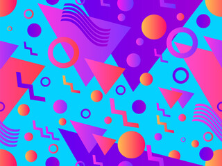 Memphis seamless pattern with geometric gradient shapes. Colorful geometric pattern in 80s style. Triangle, circle and zigzag. Design for banners, promotional products and posters. Vector illustration