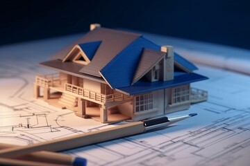 House model with blueprints on desk. Real estate development concept. Generative AI technology.