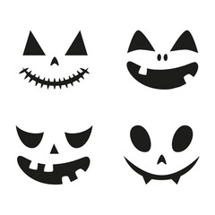 Collection of funny and scary ghost or pumpkin faces for Halloween. Illustration on transparent background