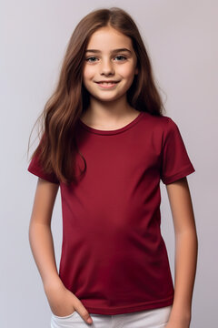 Burgundy t-shirt mockup for teens and young adults. AI generative model wearing blank tshirt with space for your design, lettering or logo.