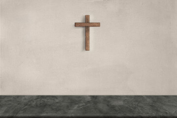 cross on the wall , jesus cross,  white concrete wall,  marble stone table background, interior