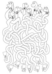 Funny Tangled Snakes. Children logic game to pass the maze. Educational game for kids. Choose right path. Write correct answers. Funny cartoon character. Coloring book