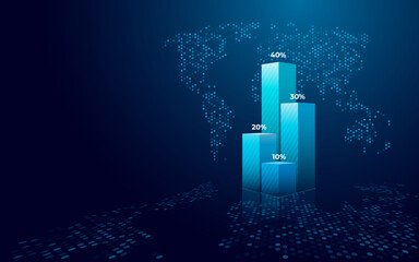 Fototapeta Digital 3D Bar chart with numerical values in percentage. Highlighted growth column chart and abstract hexagon world map on technology blue background. Vector illustration in futuristic hologram style obraz