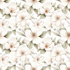 floral seamless pattern of watercolor white flowers and leaves. generated ai