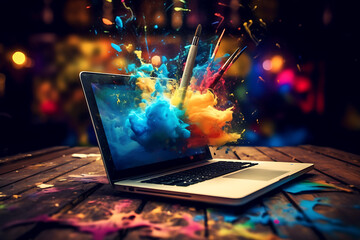 Paintbrushes and Watercolor Explosion coming out of a laptop, Creativity Digital Concept Render