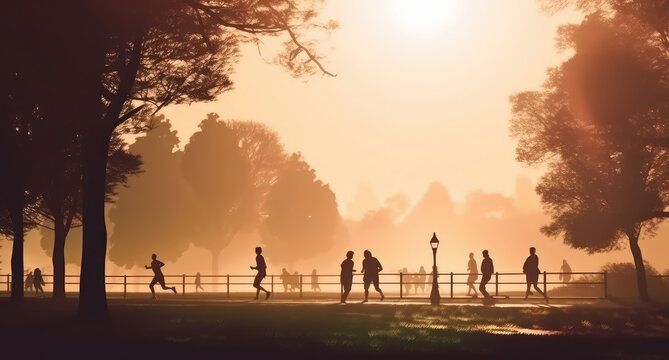 people running in the park at sunset, generative AI