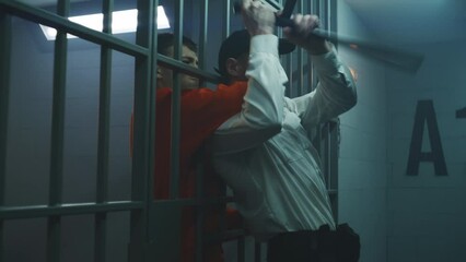 Male prisoner strangles prison officer, takes keys, opens prison cell. Criminal in orange uniform escapes from jail or correctional facility. Cinematic scene playback for action movie. Cinematography.