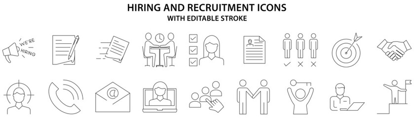 Hiring And Recruitment icons. Set icon about Hiring And Recruitment. Line icons. vector illustration. Editable stroke.