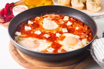 Shakshuka made of poached eggs in tomato pepper sauce