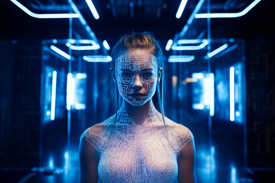 Generative AI illustration of naked android woman with long hair and futuristic art on body standing in dark room with neon lights while looking at camera