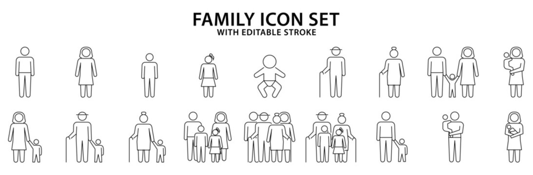 Family icons. People icons About family. Set line people icon related to family members. Vector illustration. Editable stroke.