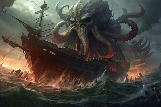 Giant sea octopus attacking a ship Fantasy concept Illustration painting 