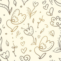 Vintage seamless pattern - golden fantasy hearts and flowers. Outlines. Doodles. Boho. Elegant romantic design.
