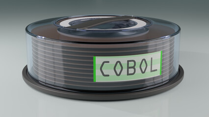 3d render of a vintage computer disk pack with a COBOL label on it.
