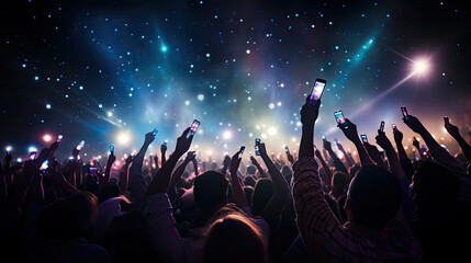 A crowd of people at a live event, concert or party holding hands and smartphones up . Large audience, crowd, or participants of a live event venue with bright lights above. Generative AI. - obrazy, fototapety, plakaty