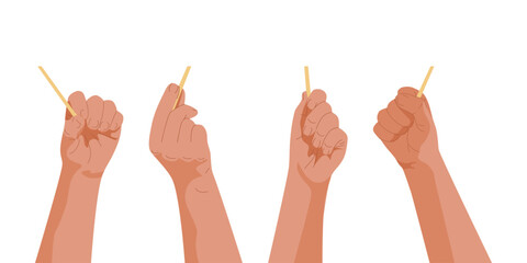 Human hands holding object on stick set. Man or woman palm can holding anything you want. Design element for booklets, banners, advertising. Realistic anime style. Vector illustration.
