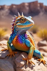 Obraz premium Explore the extraordinary world of our stunning, colorful lizard in this captivating stock image. Set against a scorching desert landscape, this iridescent creature