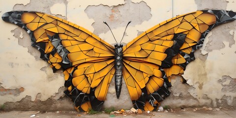 Butterfly emerging from a cocoon, turning into a piece of street art on a wall , concept of Transformation, created with Generative AI technology