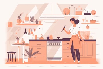 Fototapeta premium The woman is cooking in the kitchen. kitchen interior vector illustration