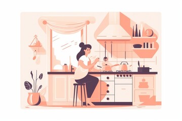 A woman is sitting on a table in the kitchen. architecture illustration with furniture and interior
