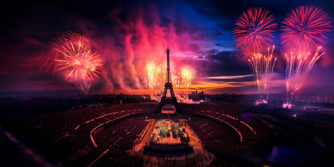 Eiffel tower and fireworks in Paris France, illustration for Olympic games in summer 2024 imagined by AI generative - not the actual event