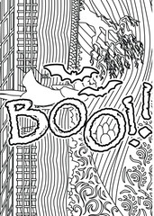 Boo! Halloween Coloring page, Halloween Quotes typography Coloring page design.