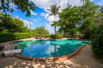 Swimming pool under the sun of Thailand in a luxury resort on Railay West Beach in the Railay Peninsula in the Province of Krabi, Thailand, Southeast Asia