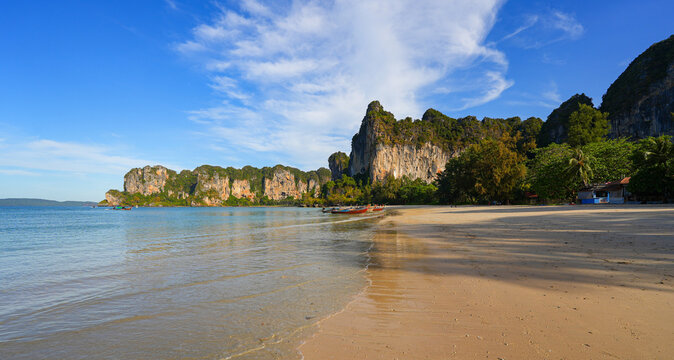 Rocky karst outcrop overlooking Railay West Beach on the Railay Peninsula in the Province of Krabi, Thailand, Southeast Asia