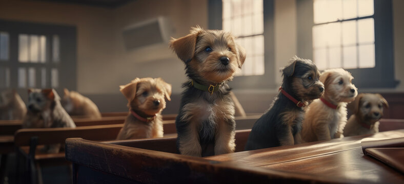 funny cute animal pet studying at school sitting in a classroom. Created with generative AI.