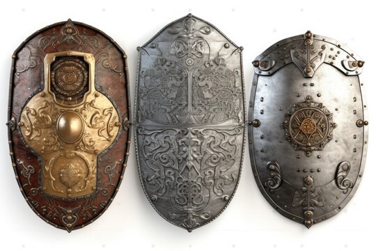 Set of three medieval metal shields on a white background