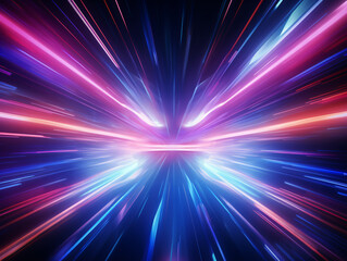 An Abstract Portal Tunnel Featuring Glowing Pink and Blue Neon Waves, High-Speed Moving Lines, and Dazzling Bokeh Lights Generative ai