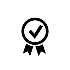 stamp icon with a check mark in black on a white background, quality mark or award