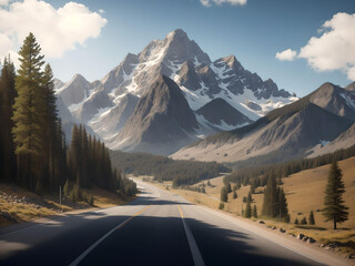 road to the mountains over country side landscape . AI Generated.