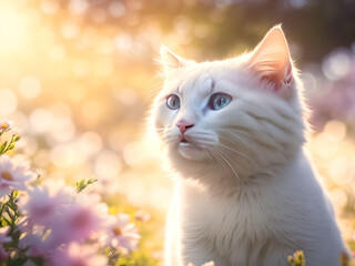white cute cat in the flowers field over blurred sunset background. AI Generated.