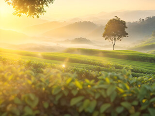 Tea plantation landscape over blurred mountain sunset warm light background. AI Generated