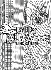 Happy Halloween trick or treat. Halloween Coloring page, Halloween Quotes typography Coloring page design.