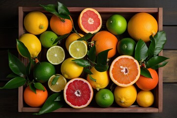 Box with citrus fruits, lime, lemon, orange and grapefruit, top view.