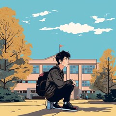 School Days Vector Art: Curious Boy Sitting in Front of Knowledge