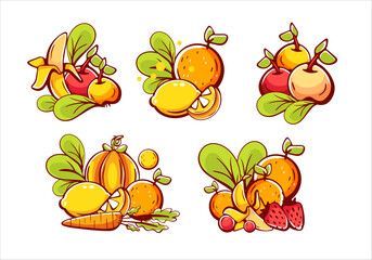 A set of vector compositions of stickers on the theme of fruits and vegetables in a cartoon comic style.