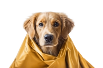 Cute dog Golden retriever with super hero costume help people and perform a mission isolated clear png background, funny moment, pet concept, with Generative Ai.