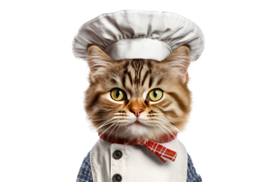Cute fluffy kitty Cat Chef with costume ready to cooking for dinner isolated on clear png background, funny moment, pet concept, with Generative Ai.