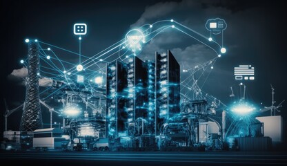 Modern factory, communication network. Telecommunication. IoT, Internet of Things, ICT, Information communication Technology,. Smart factory. Digital transformation, cloud connecting, generate by AI